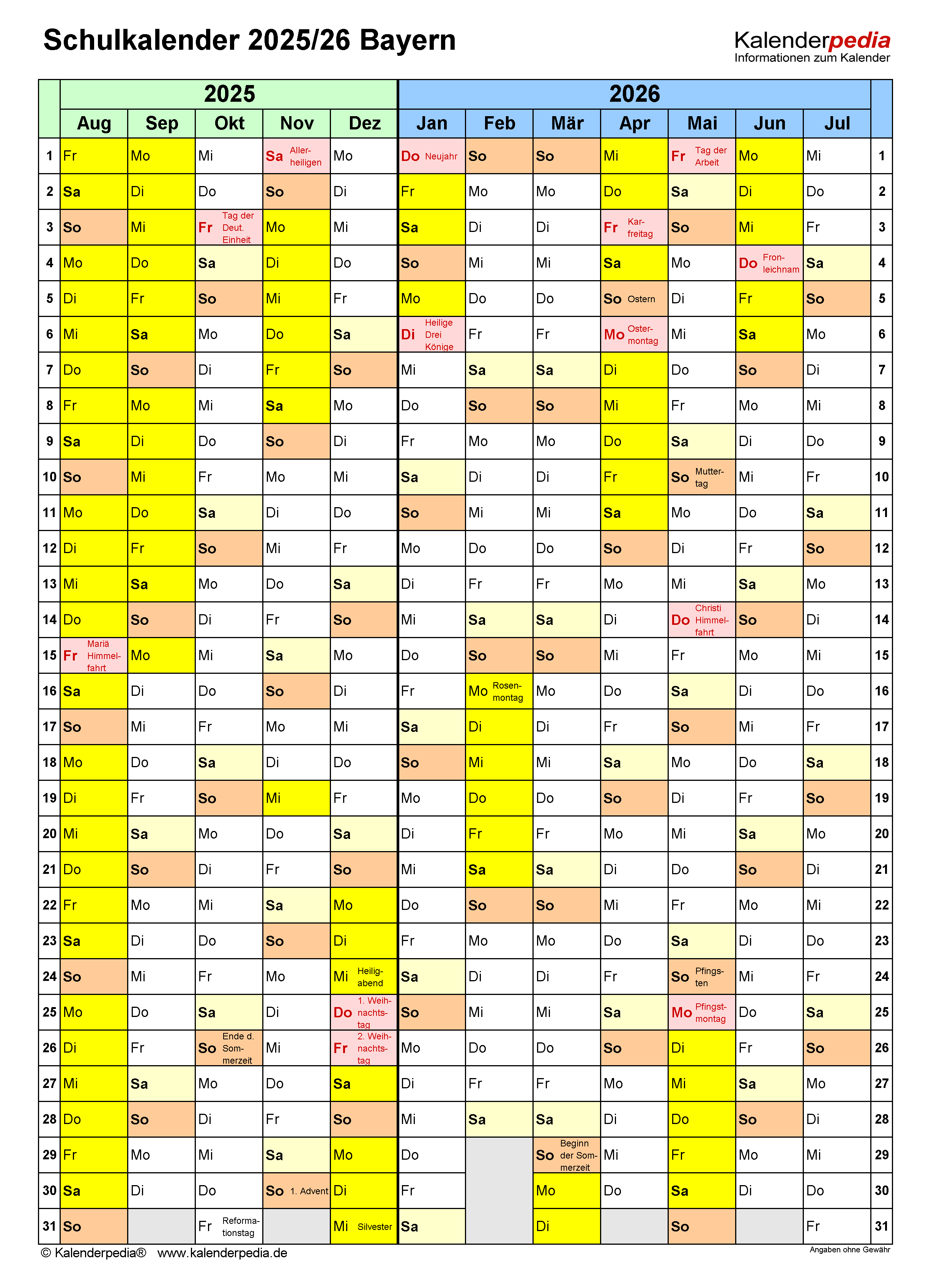  Schulkalender 2025/2026 Bayern für Excel Motiv 