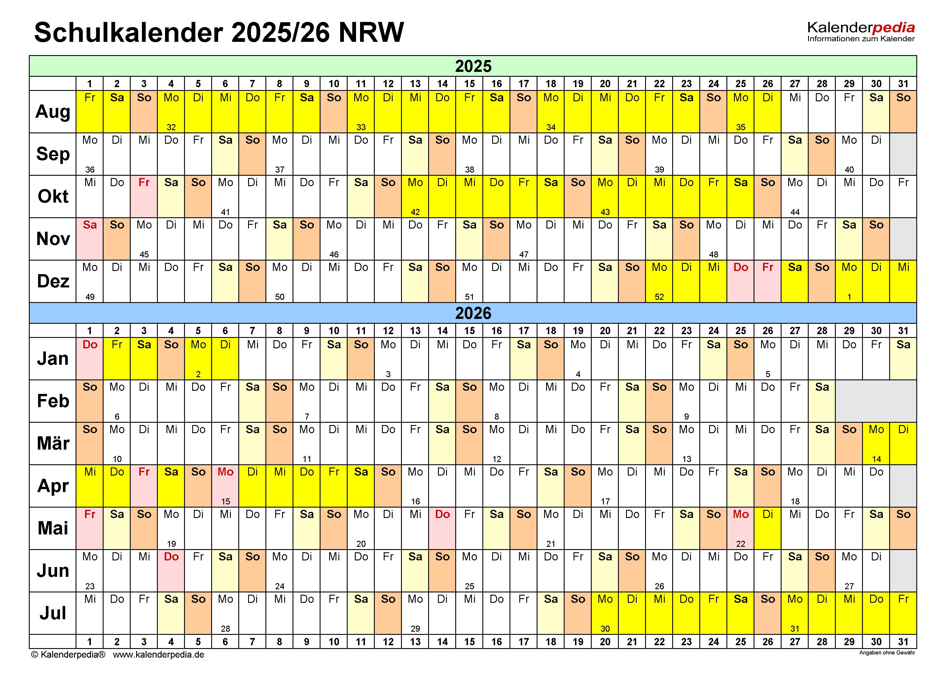  Schulkalender 2025/2026 NRW für PDF Bildidee 