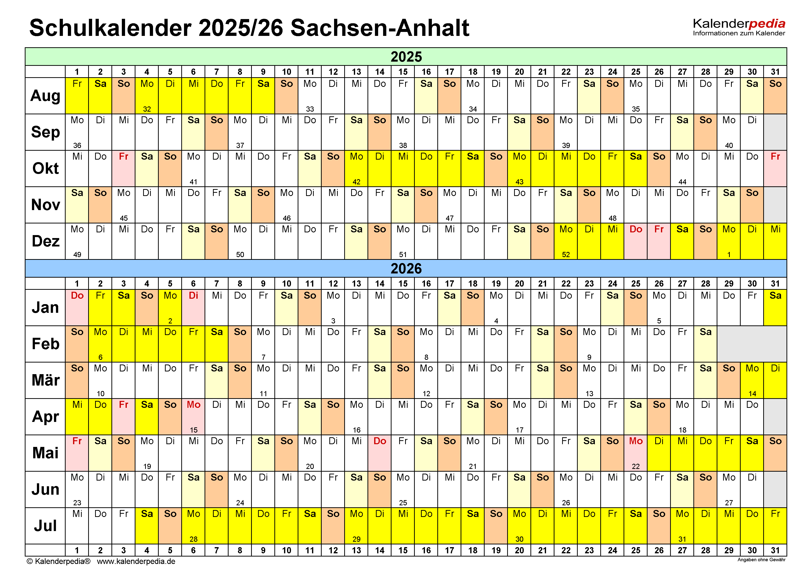  Schulkalender 2025/2026 Sachsen-Anhalt für Excel Motiv 