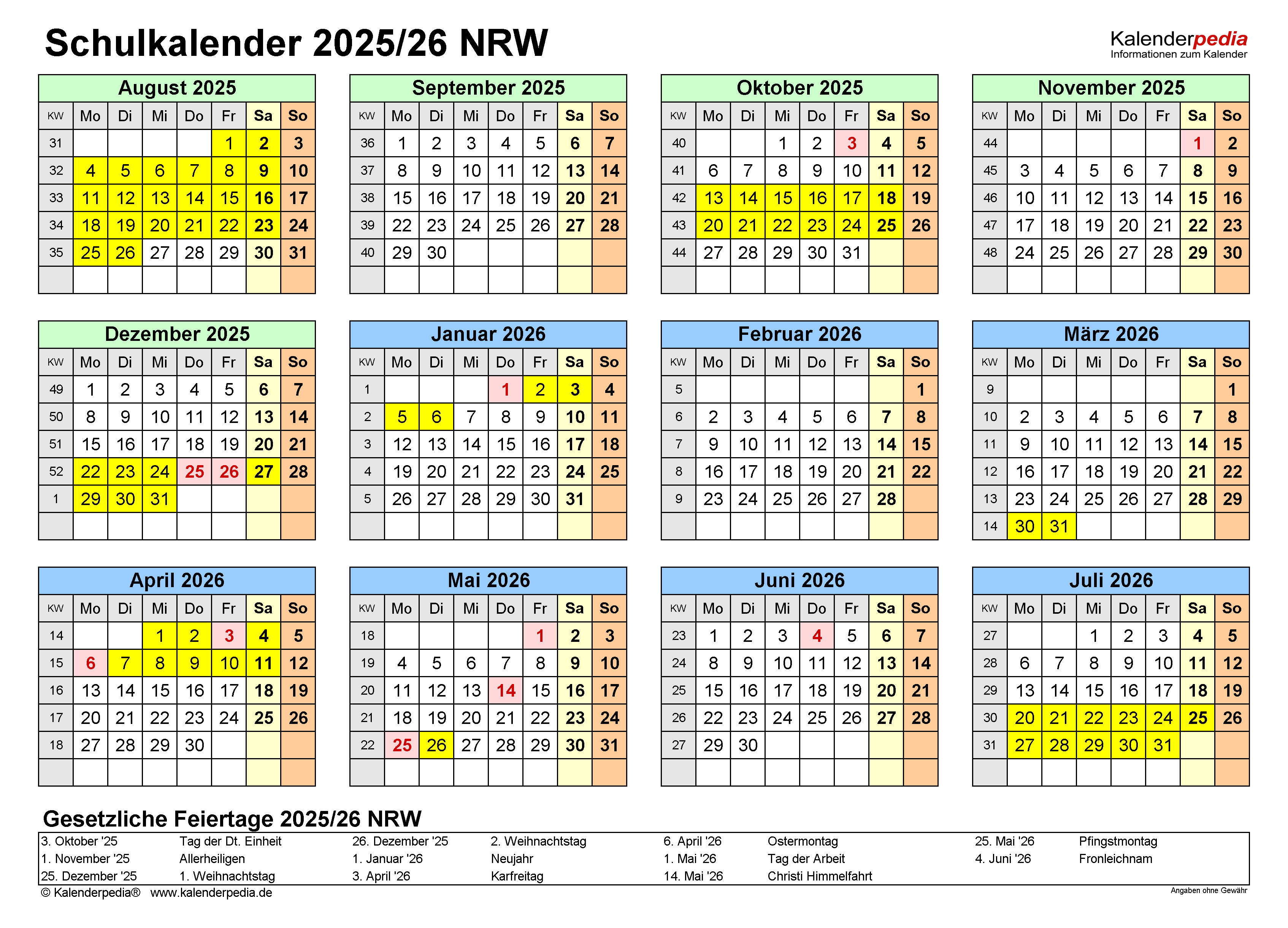  Schulkalender 2025/2026 NRW für Excel 