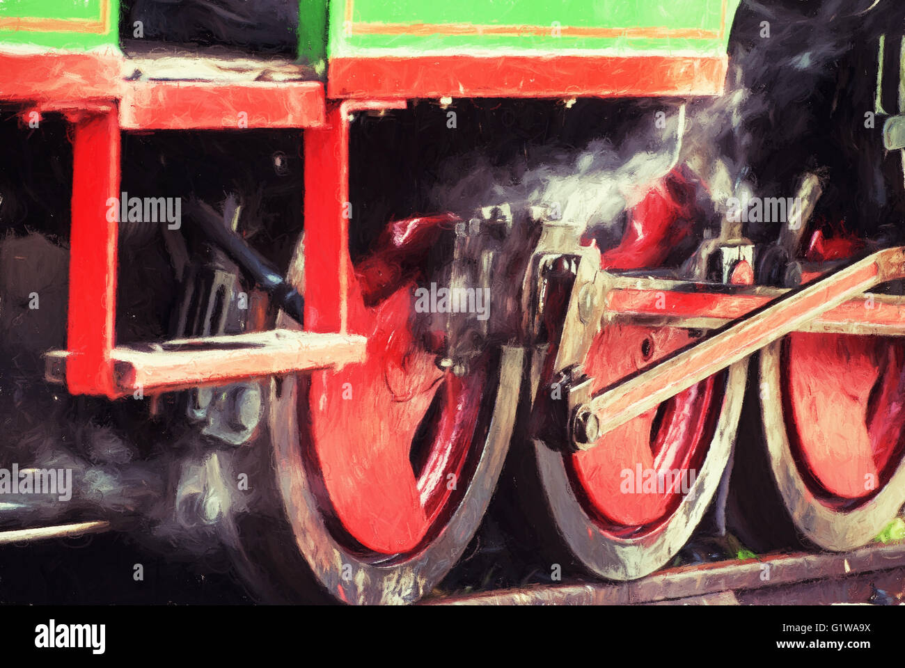 Number 6 Stencil Printable Wheels Of The Old Steam Locomotive. Illustration With Colored Pencils