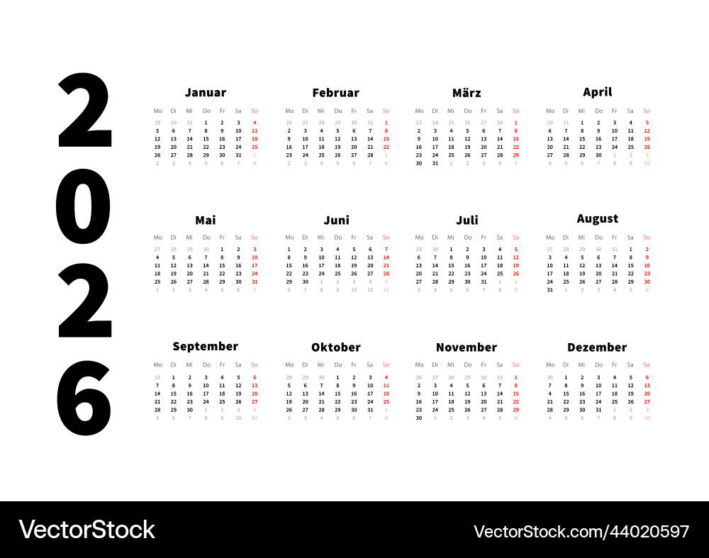  Foto zu 2026 year simple horizontal calendar in german Vector Image 