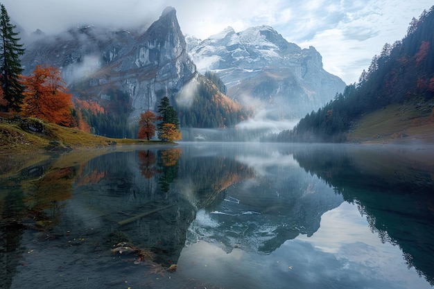  Attractive Morning View of Swiss Alps Reflected in a Lake 