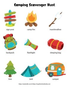  Free Printable Camping Scavenger Hunt for kids - Together Time Family Illustration 