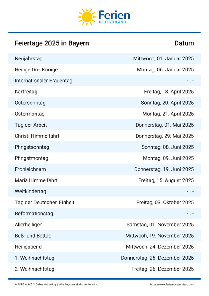  Feiertage Bayern 2024, 2025, 2026, 2027, 2028, 2029: Alle Termine im Illustration 