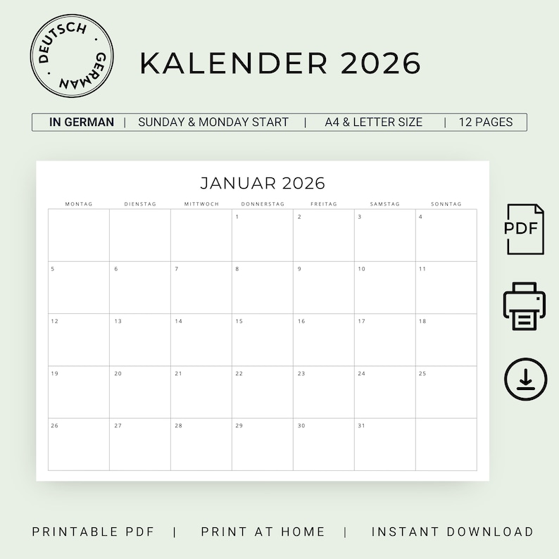  2026 Kalender 2026 Monatskalender 2026 Deutscher Kalender 2026 Motiv 