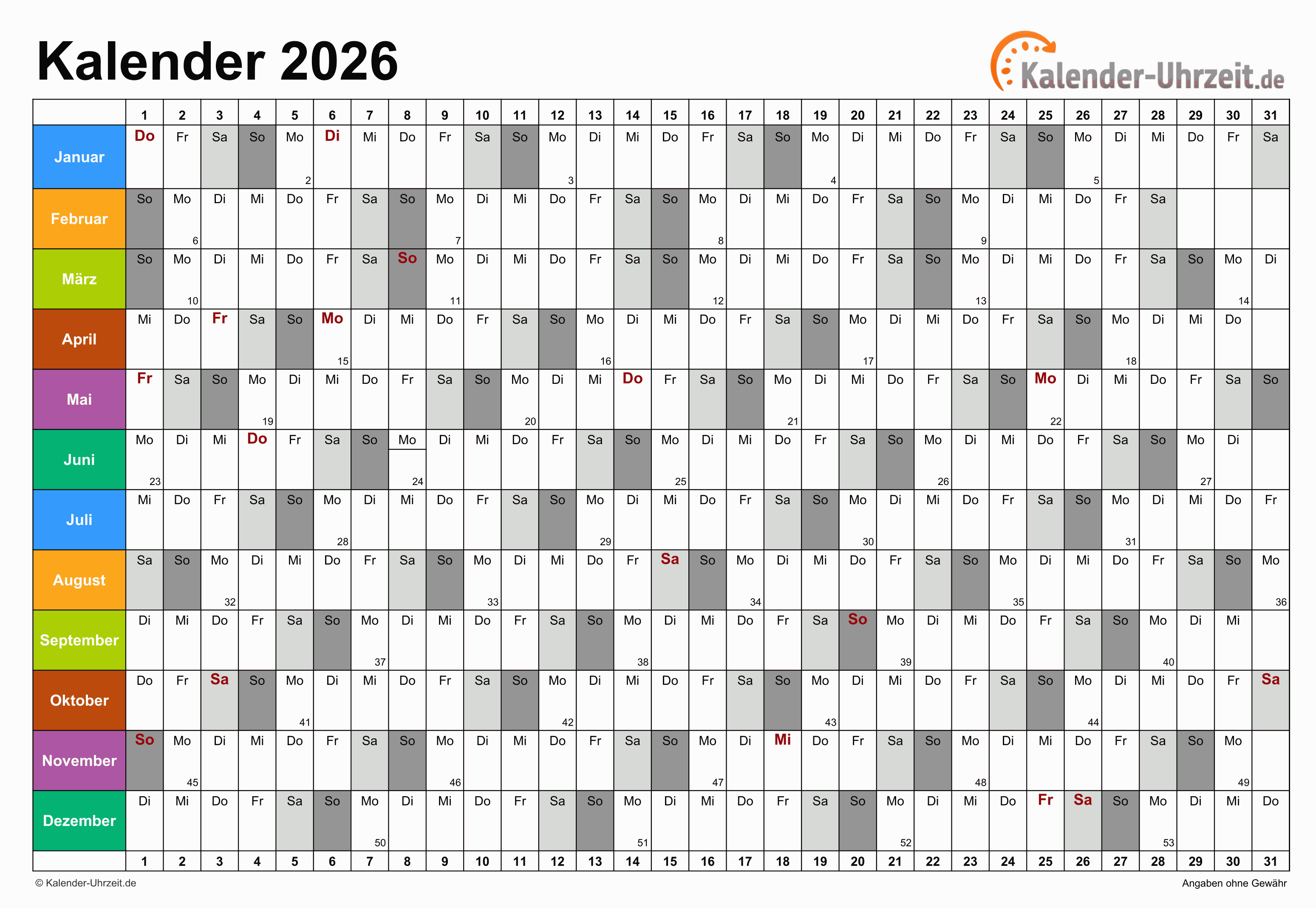  KALENDER 2026 ZUM AUSDRUCKEN - KOSTENLOS 