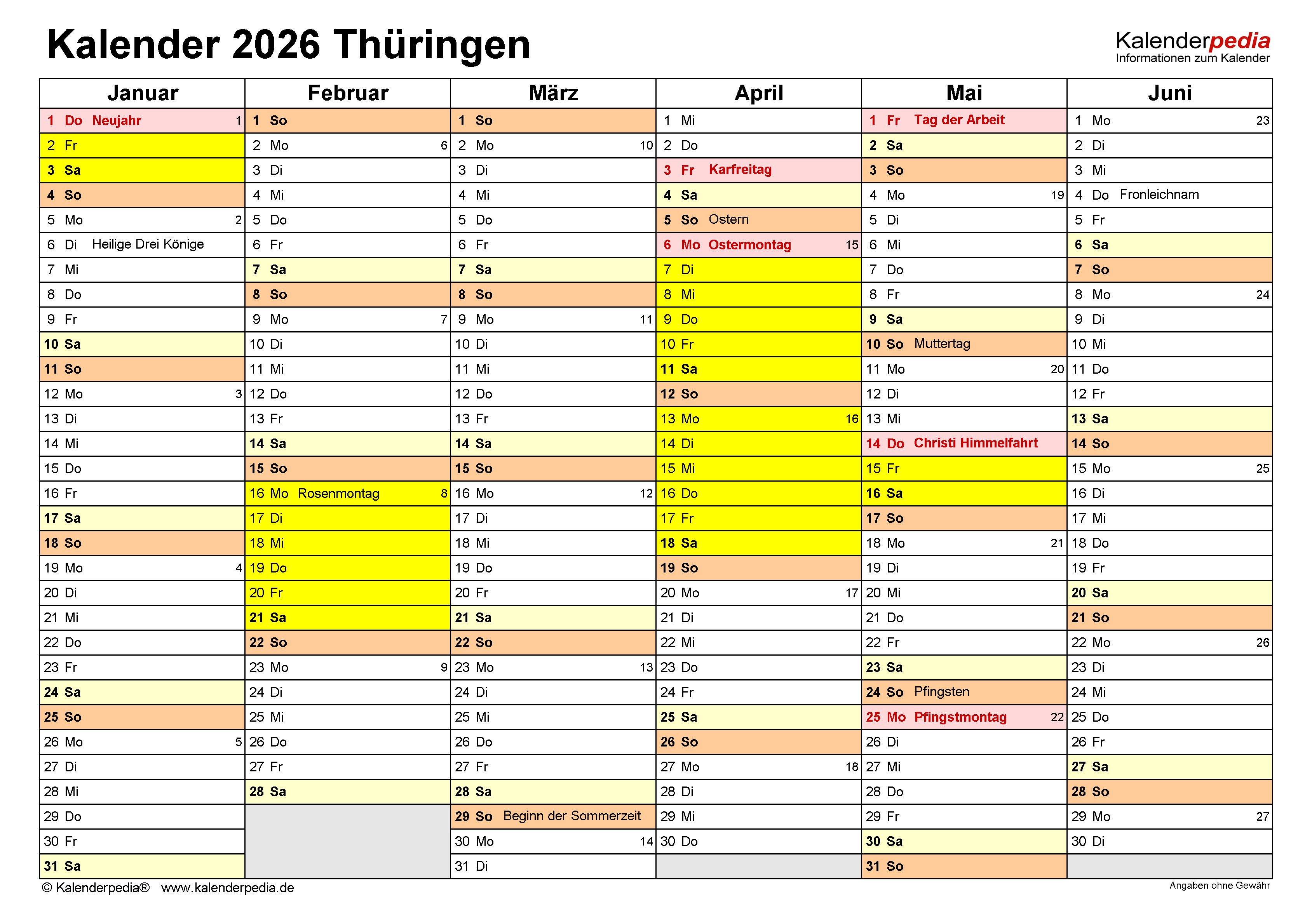  Kalender 2026 Thüringen: Ferien, Feiertage, PDF-Vorlagen Motiv 
