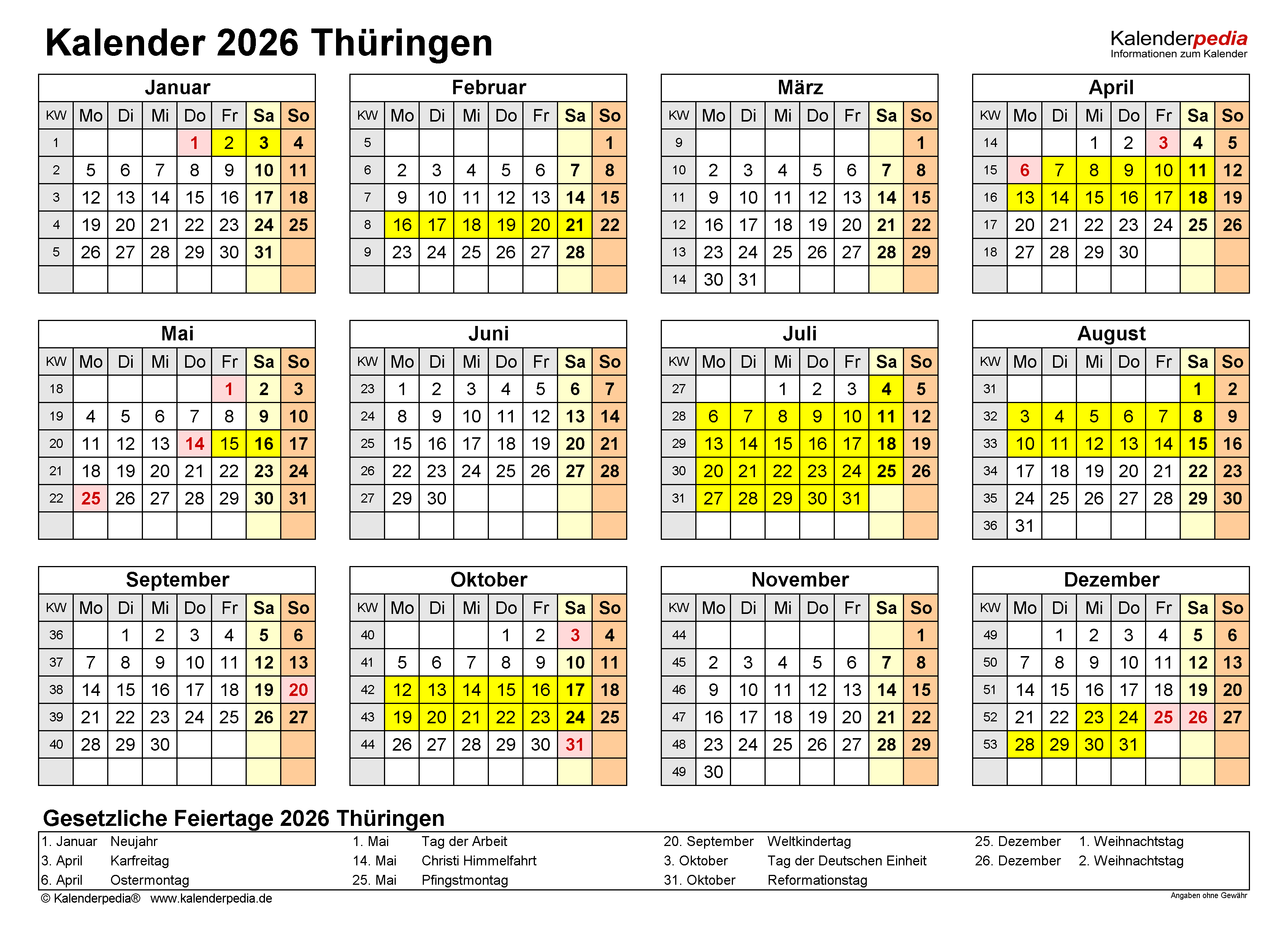  Kalender 2026 Thüringen: Ferien, Feiertage, Excel-Vorlagen Motiv 