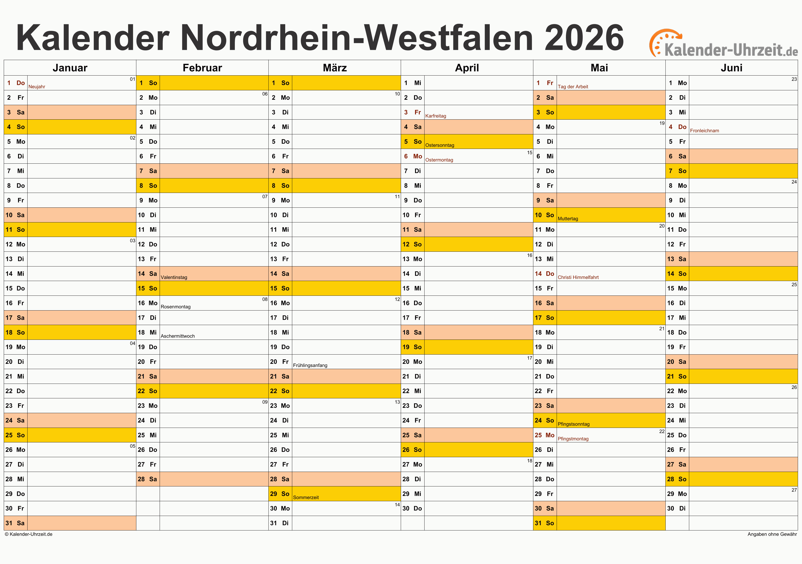  Feiertage 2026 Nordrhein-Westfalen + Kalender Illustration 