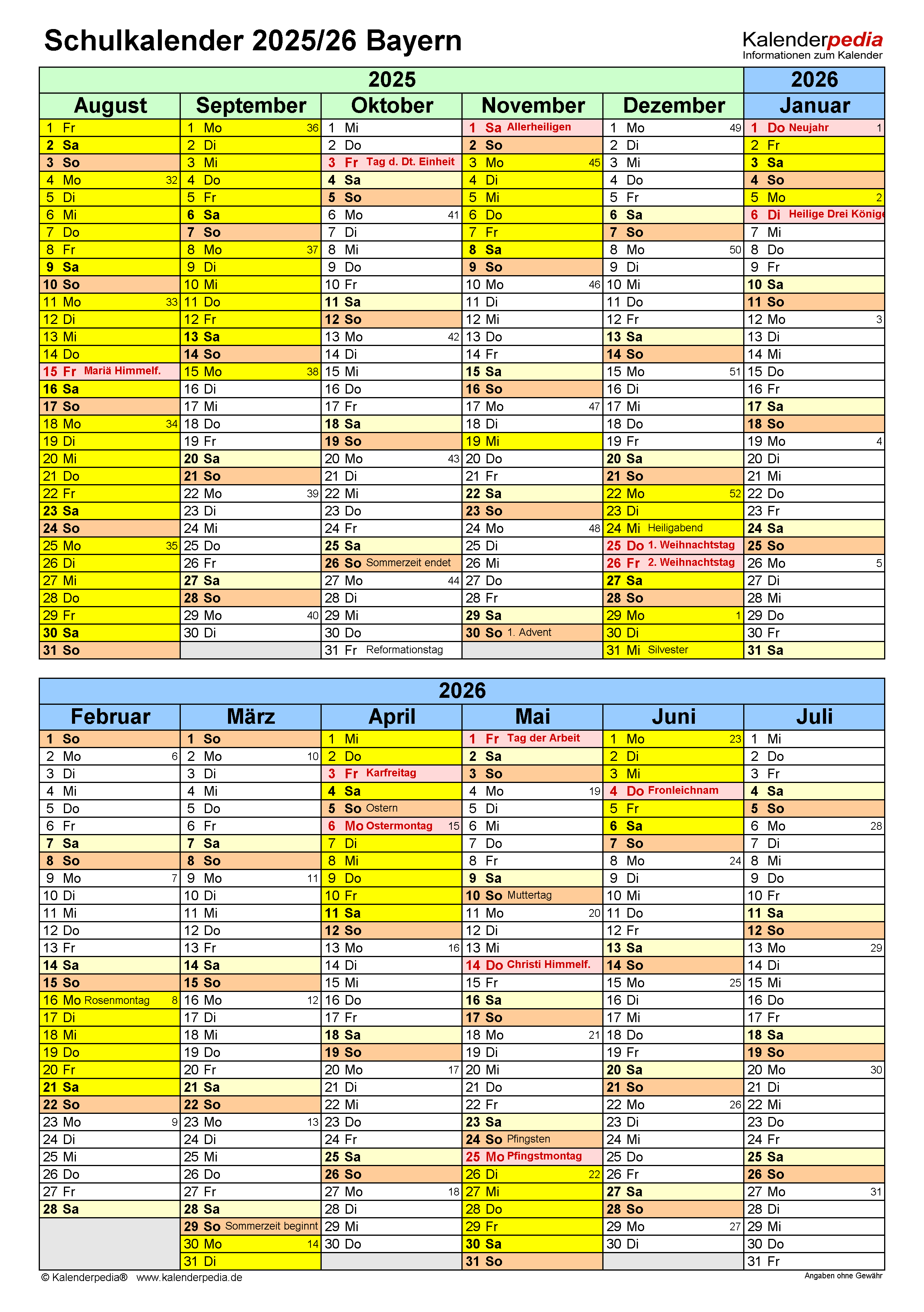  Schulkalender 2025/2026 Bayern für Excel 
