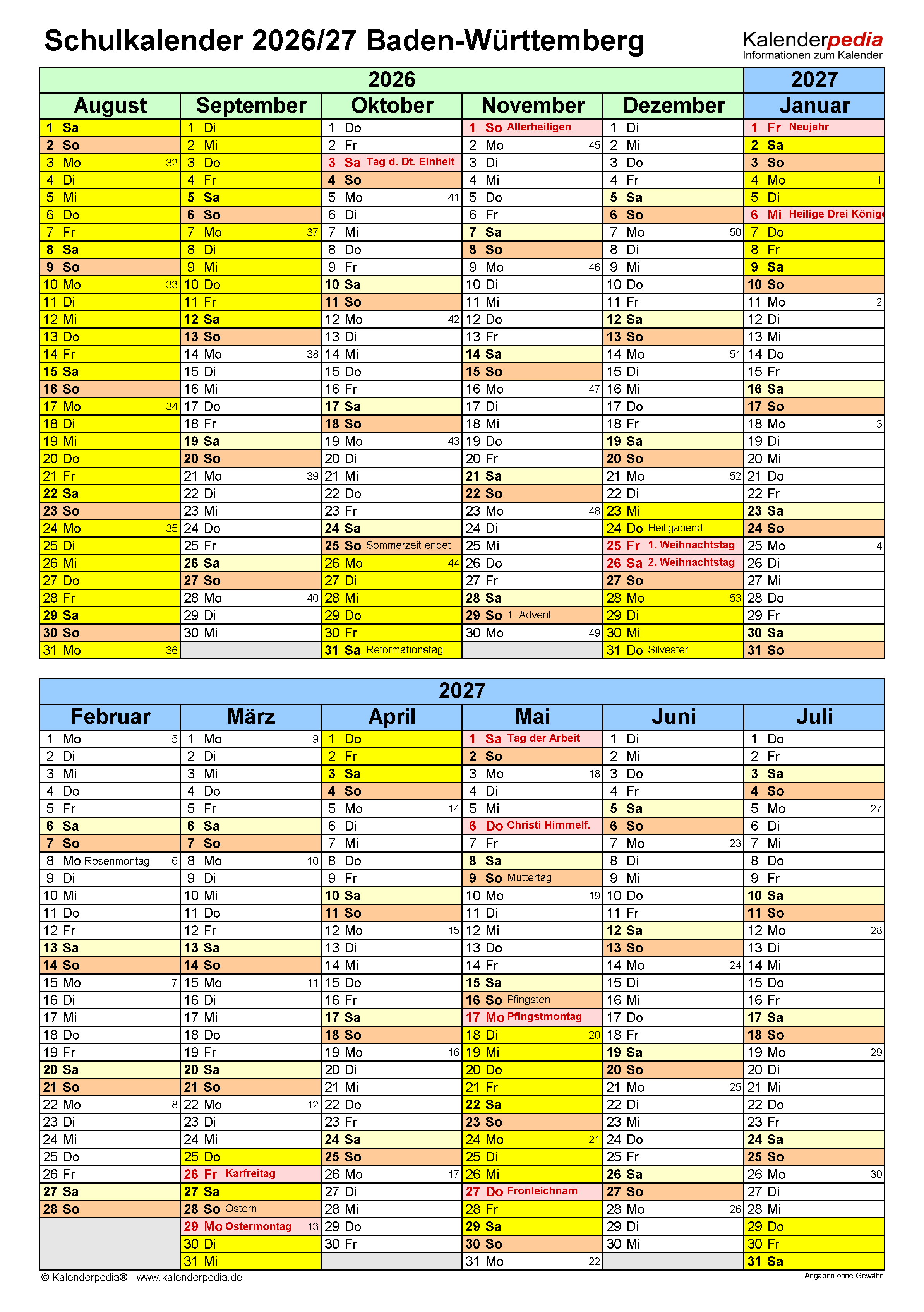  Schulkalender 2026/2027 Baden-Württemberg für Excel 