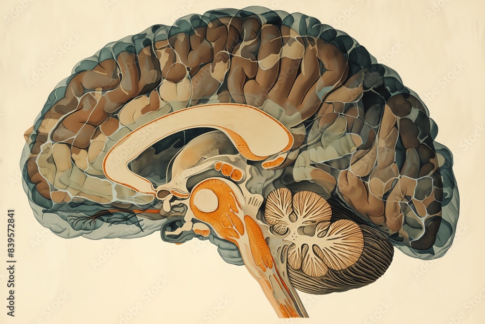  Illustration of the human brain showing detailed anatomy including the Illustration 