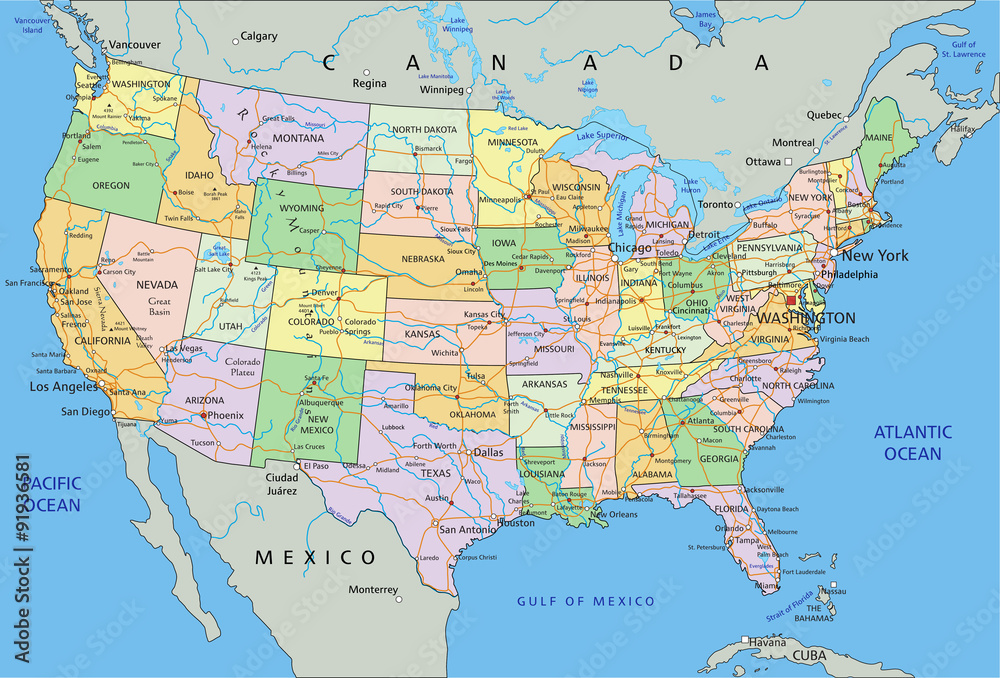  United States of America - Highly detailed editable political map with 