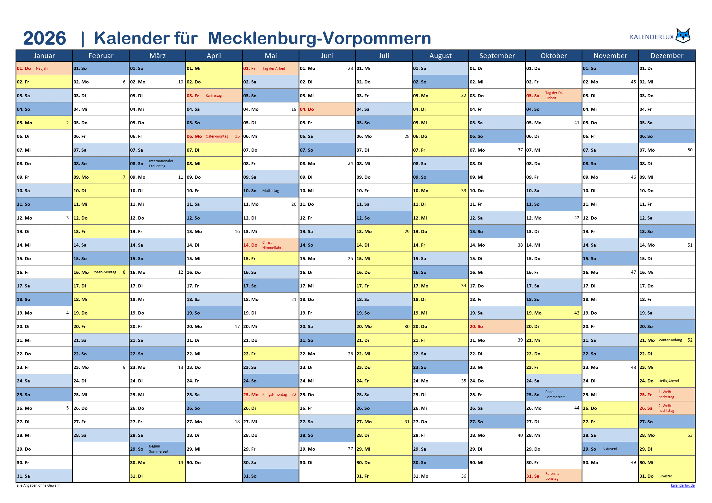  Jahreskalender 2026 - Kalenderlux 