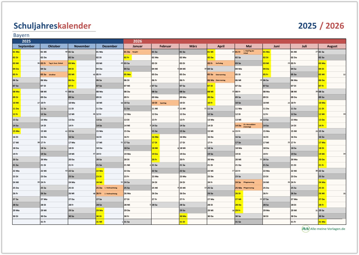  Schulkalender 2025/2026 für alle Bundesländer - Alle-meine-Vorlagen.de 