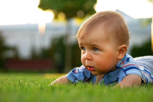  A cheerful baby is sitting on the lawn Illustration 
