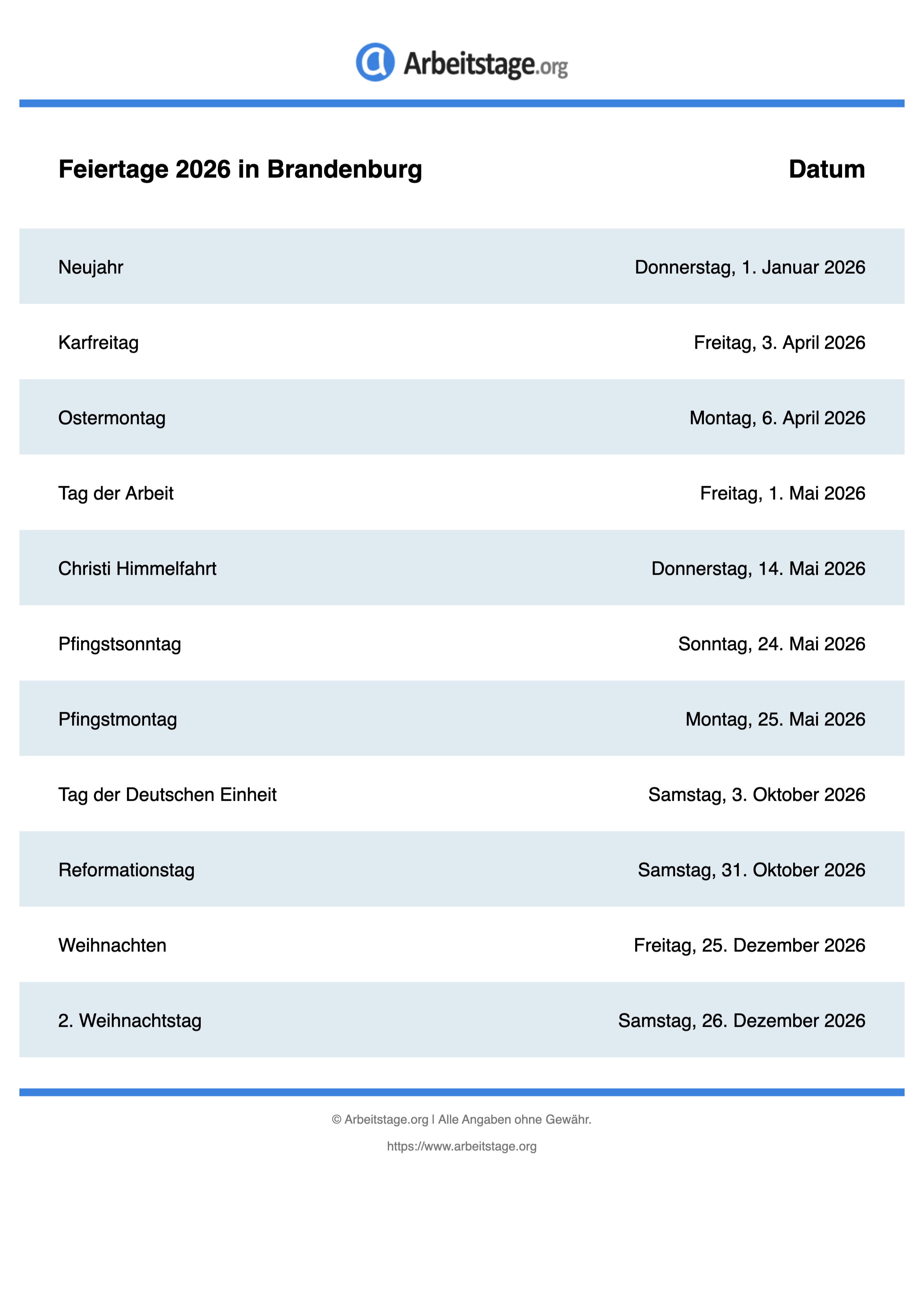  Feiertage Brandenburg 2026 - Kalenderpedia 