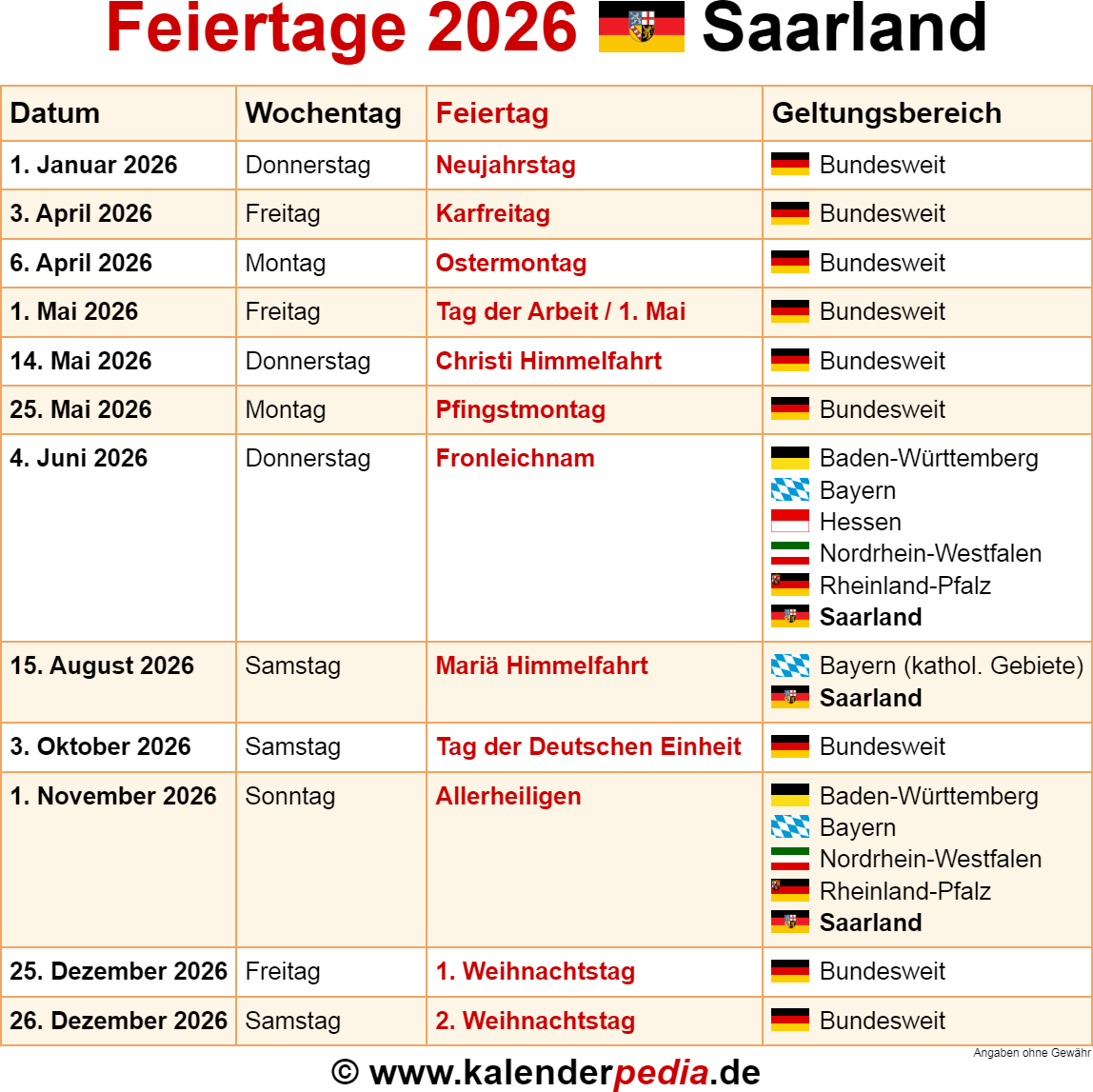  Feiertage Saarland 2026 - Kalenderpedia Bildidee 