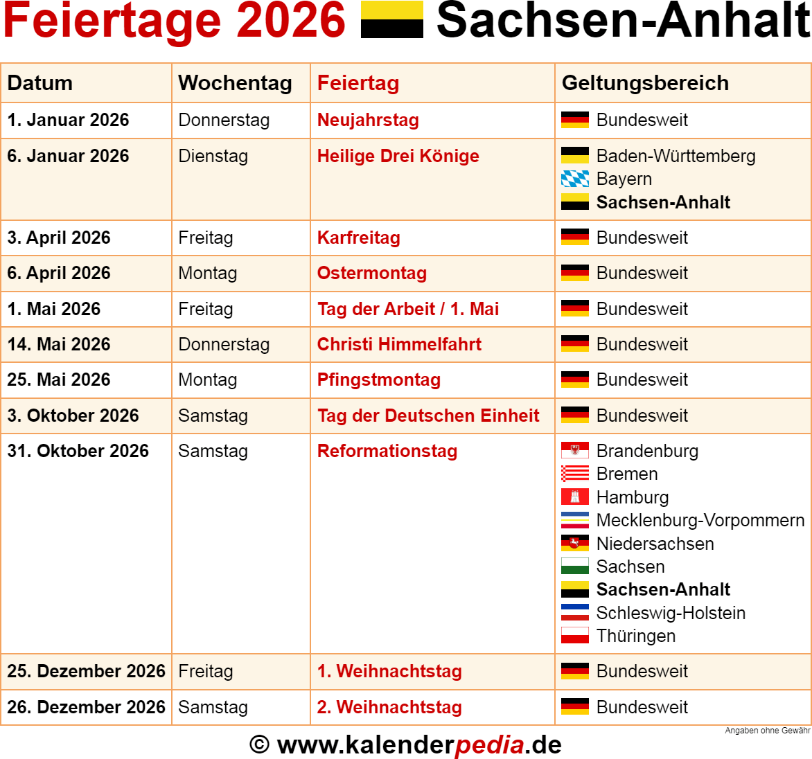  Feiertage Sachsen-Anhalt 2026 - Kalenderpedia Motiv 