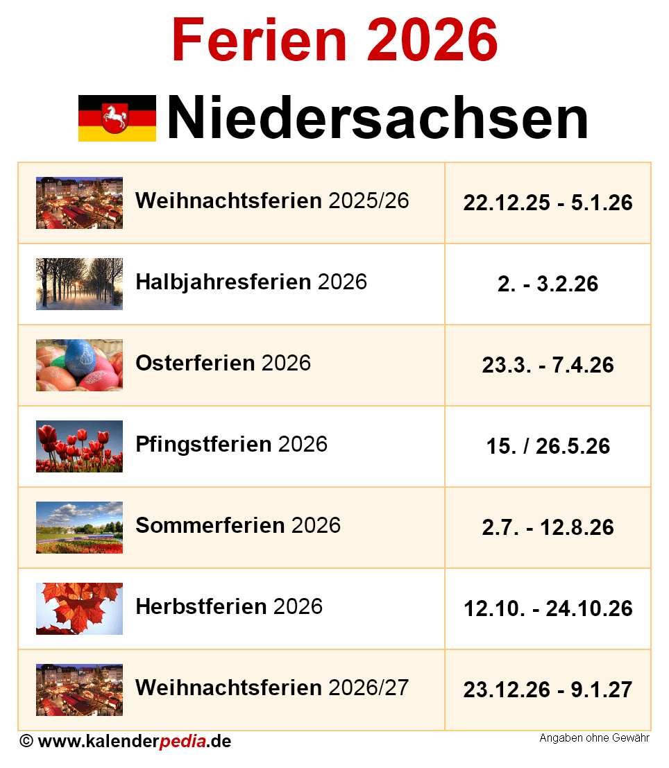  Ferien Niedersachsen 2026 - Übersicht der Ferientermine 
