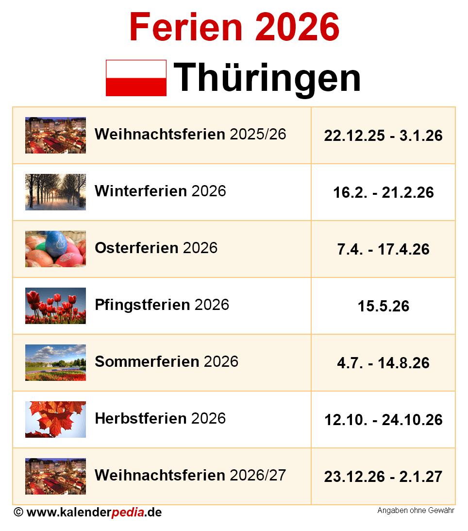  Foto zu Ferien Thüringen 2026 - Übersicht der Ferientermine 