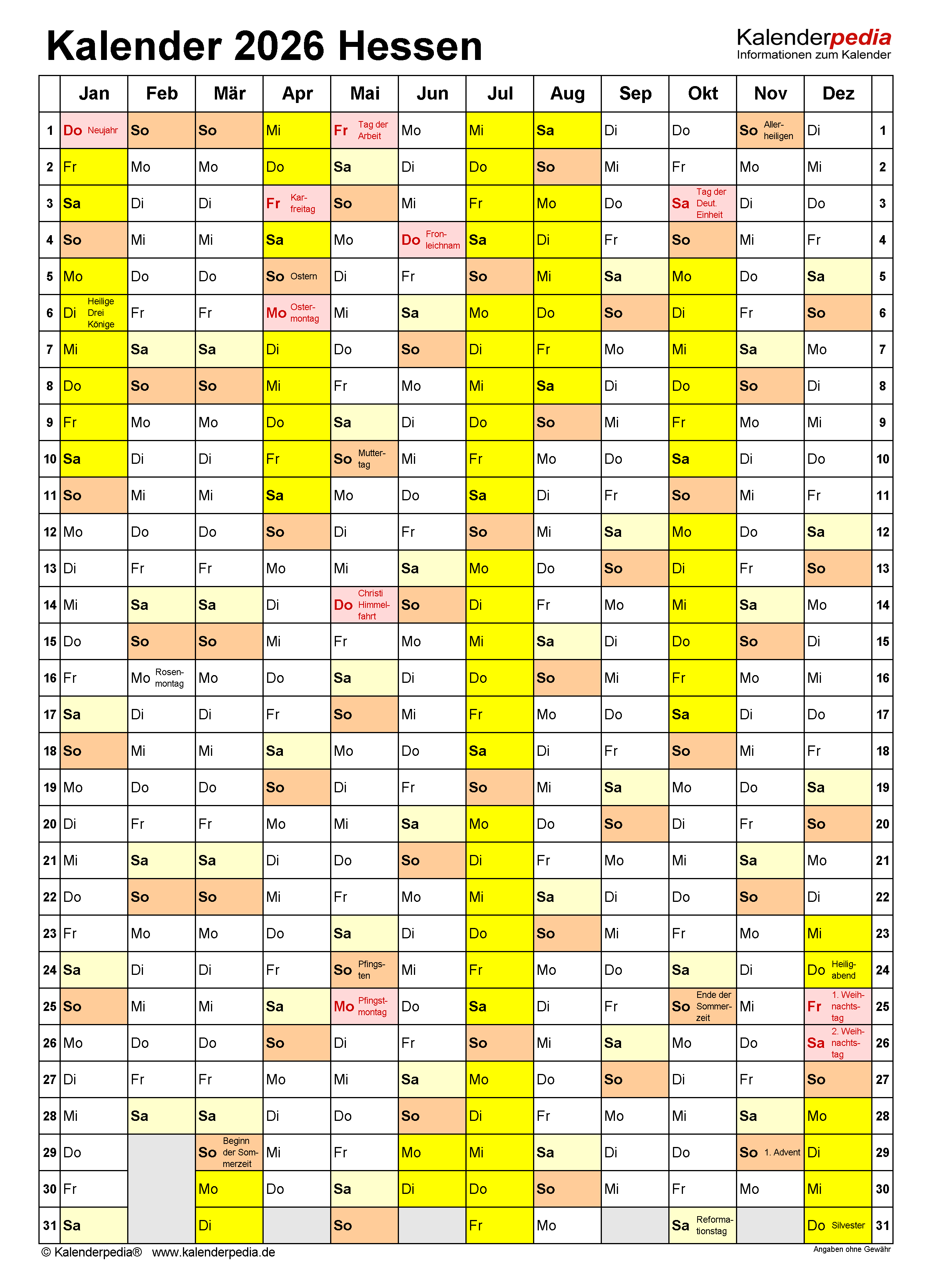  Kalender 2026 Hessen: Ferien, Feiertage, Excel-Vorlagen Motiv 