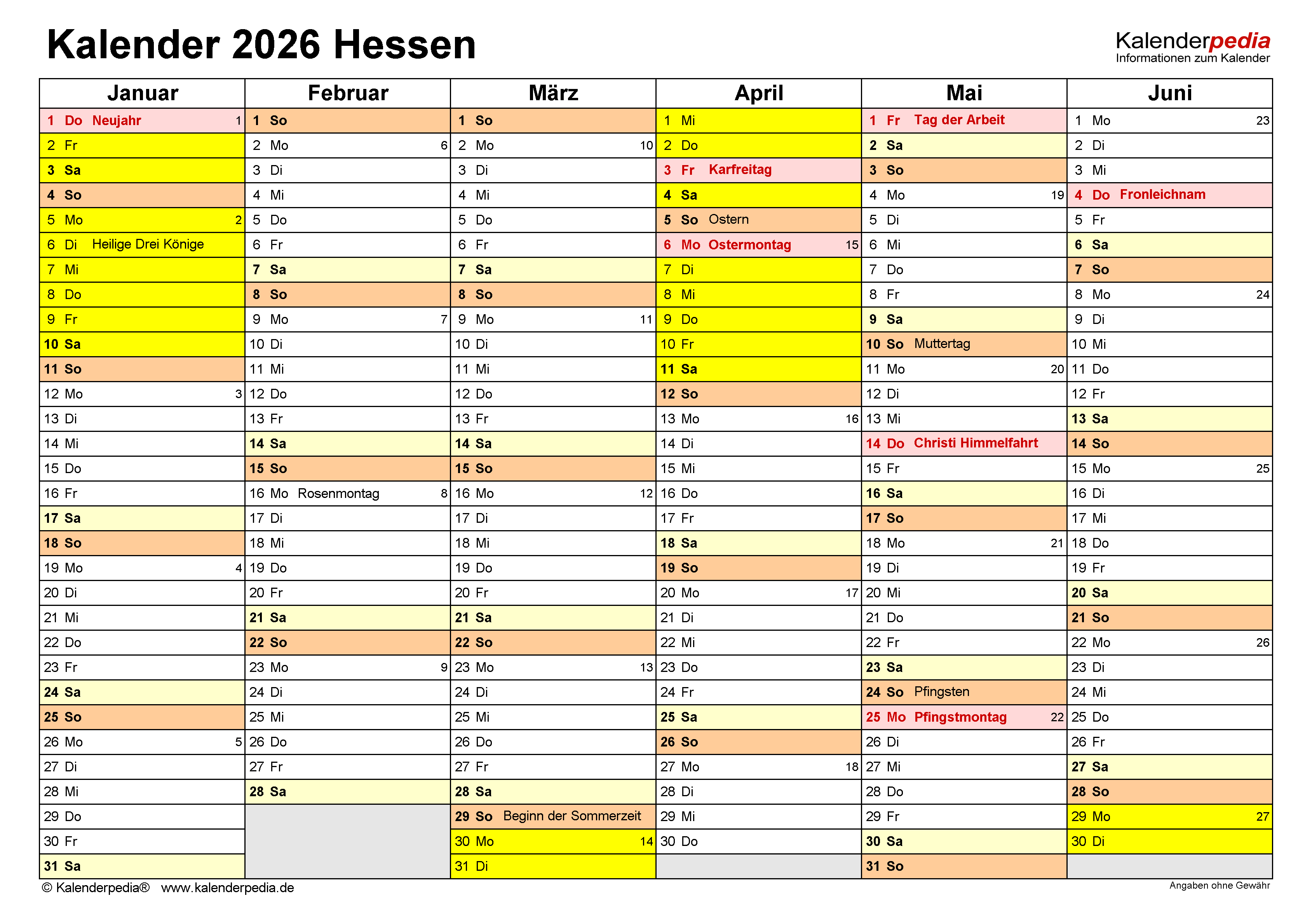  Kalender 2026 Hessen: Ferien, Feiertage, Excel-Vorlagen Bildidee 