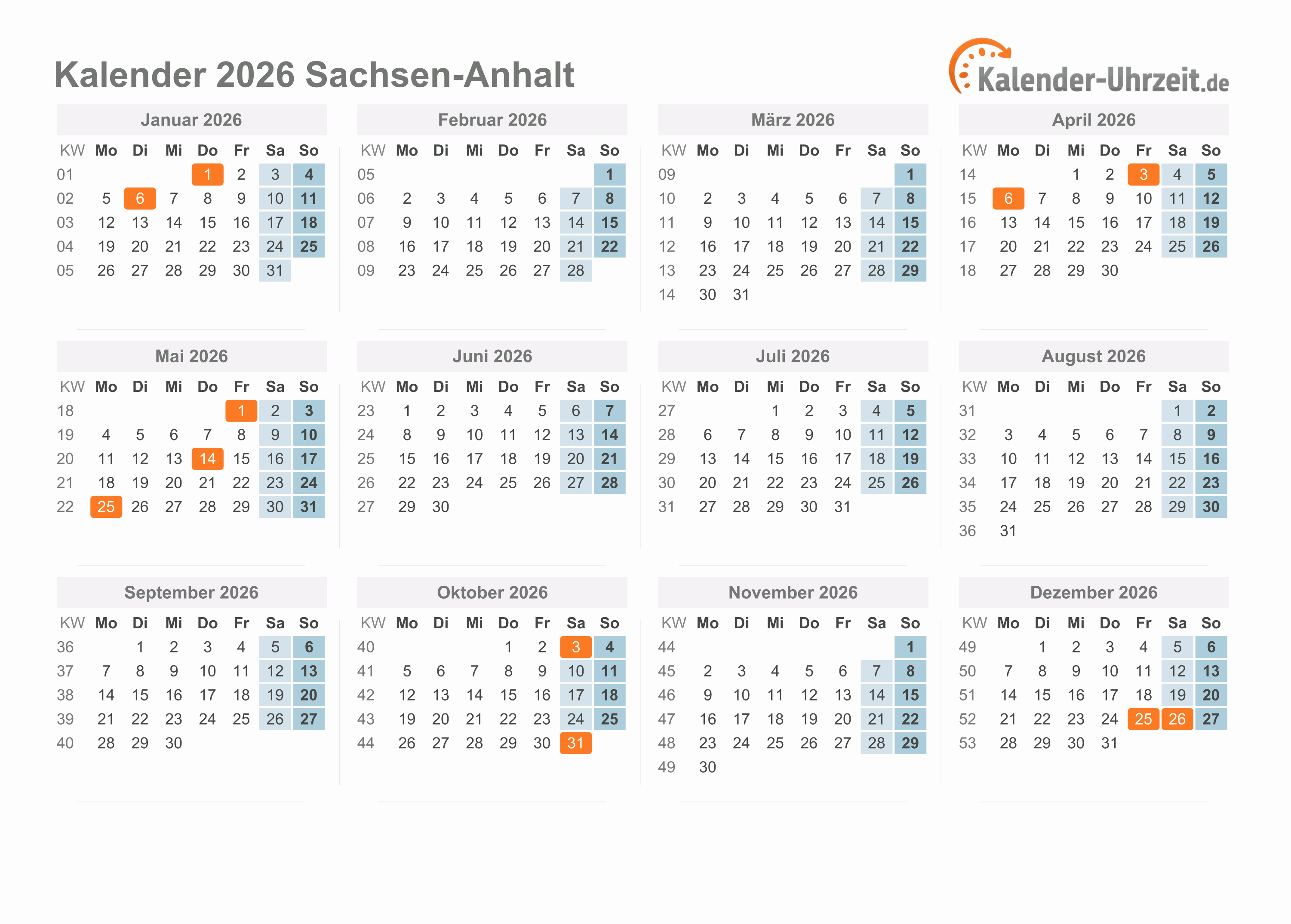  Foto zu Feiertage 2026 Sachsen-Anhalt + Kalender 