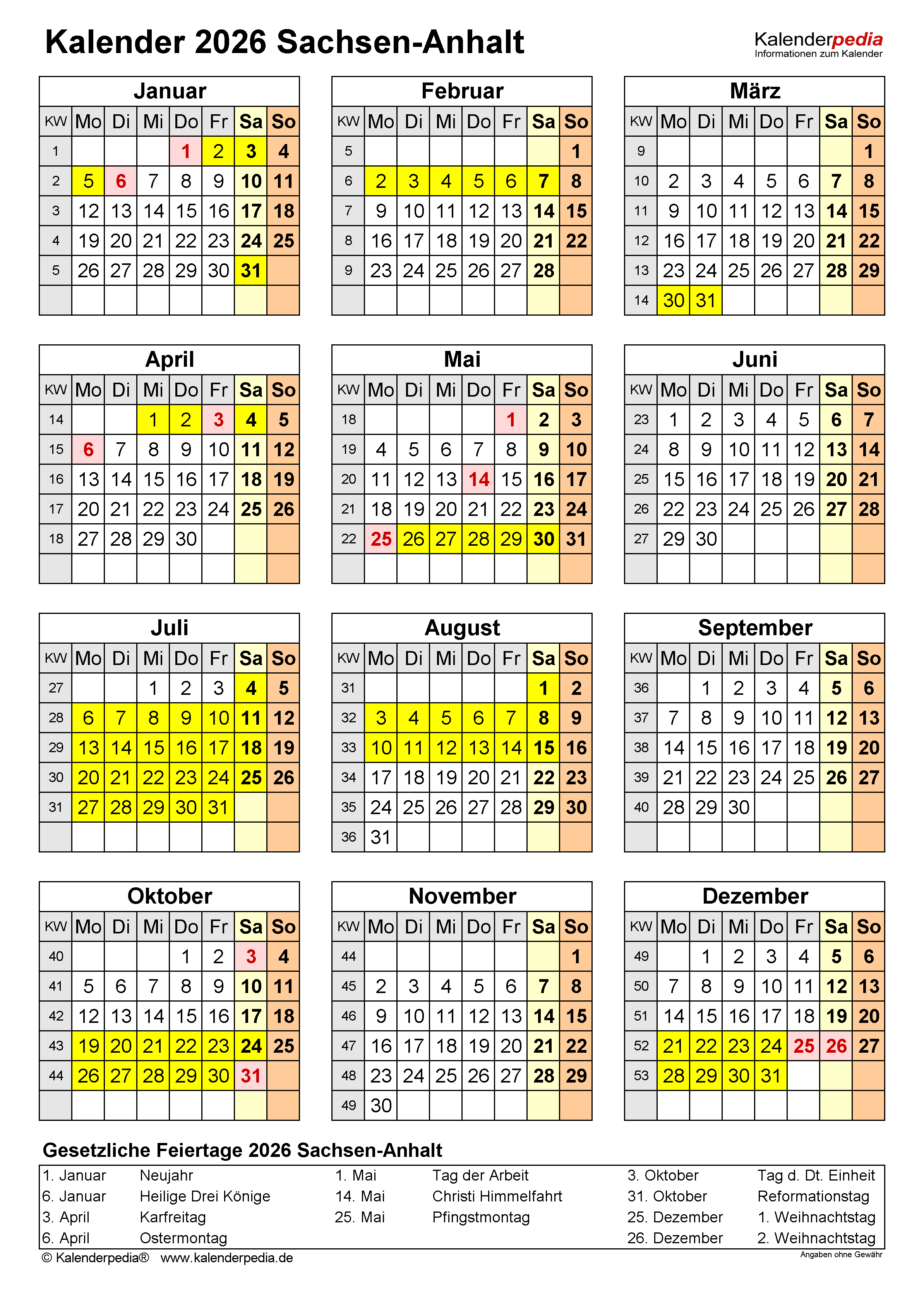  Kalender 2026 Sachsen-Anhalt: Ferien, Feiertage, Excel-Vorlagen Bildidee 