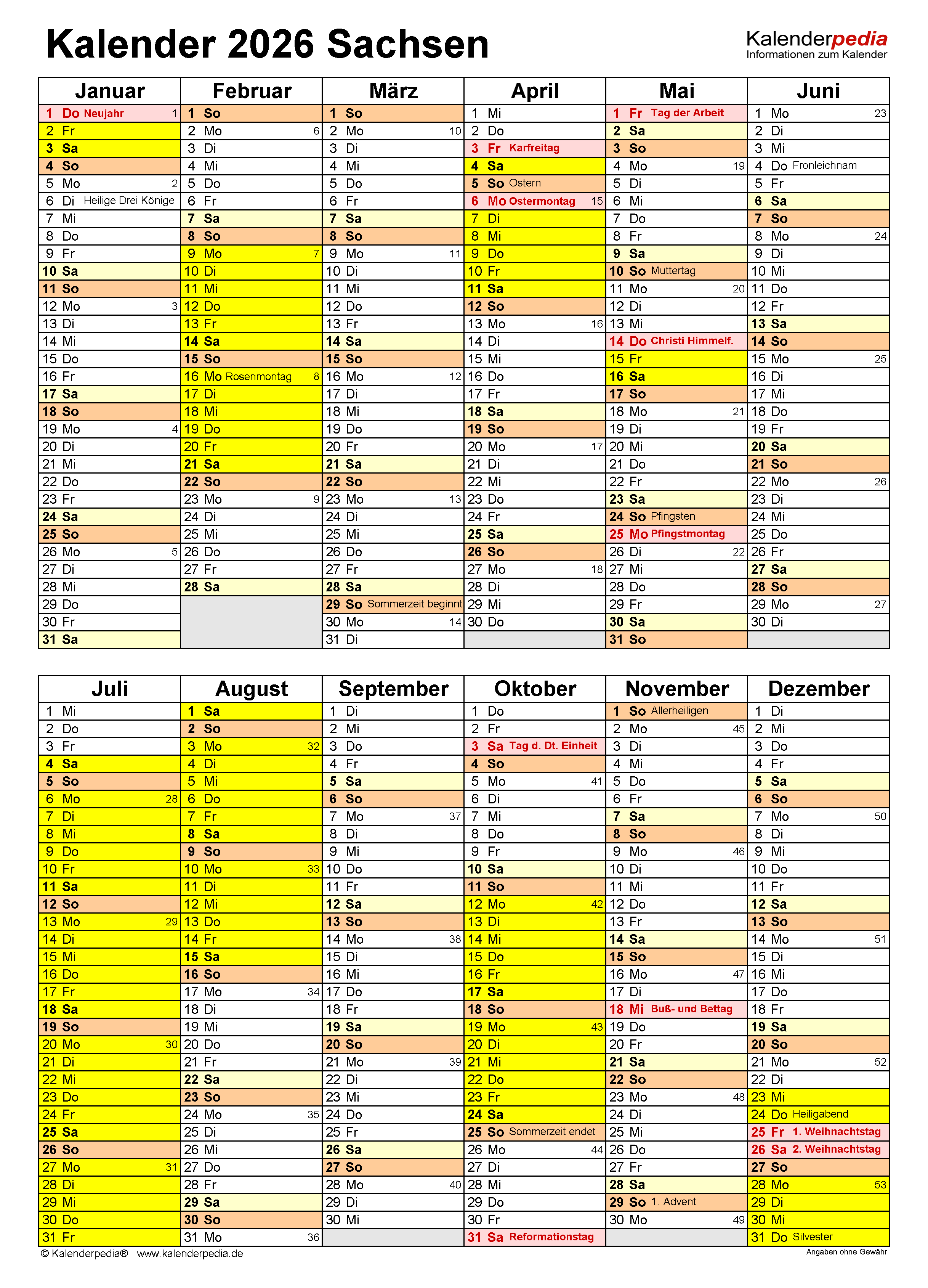  Kalender 2026 Sachsen: Ferien, Feiertage, Excel-Vorlagen 