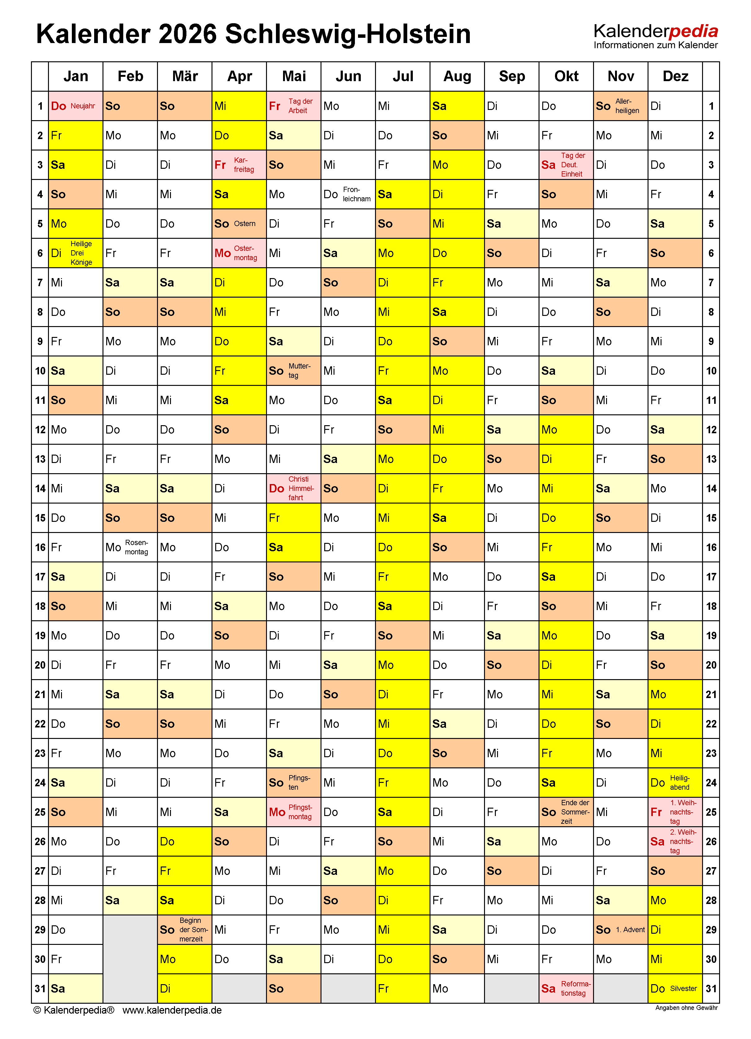  Foto zu Kalender 2026 Schleswig-Holstein: PDF-Vorlagen mit Ferien 