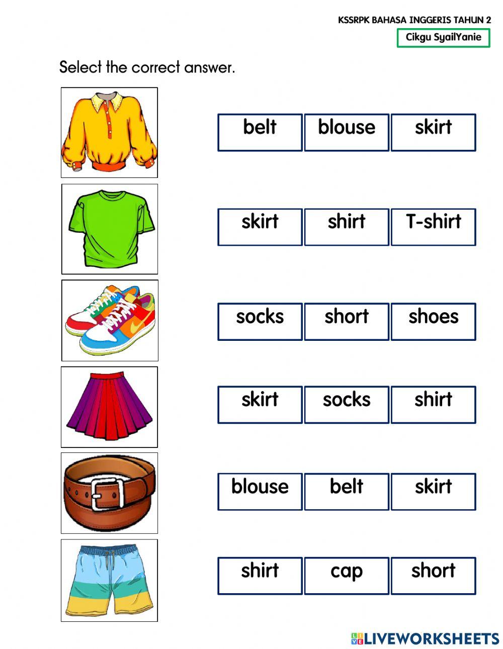  Clothes we wear worksheet for YEAR 2 
