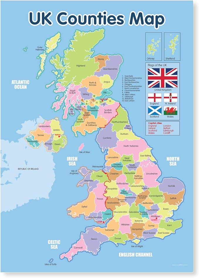  Foto zu A3 Laminated UK Counties Map Educational Wall Chart: Amazon.co.uk 