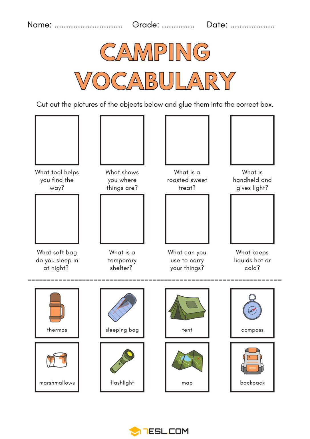  Free Camping Vocabulary Worksheets for Kids: PDF Printables • 7ESL Illustration 