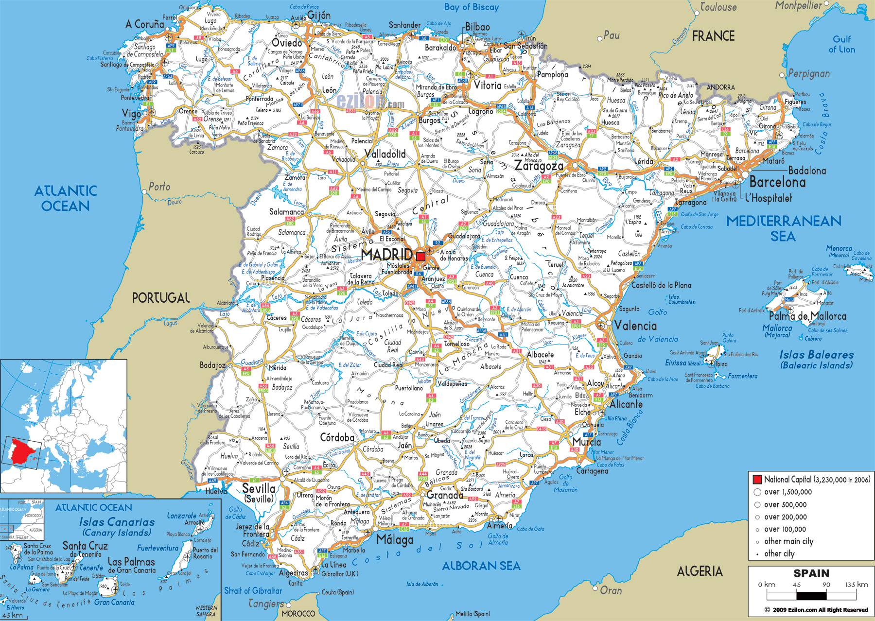  Detailed map of Spain in English 