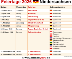  Foto zu Feiertage Niedersachsen 2026 - Kalenderpedia 
