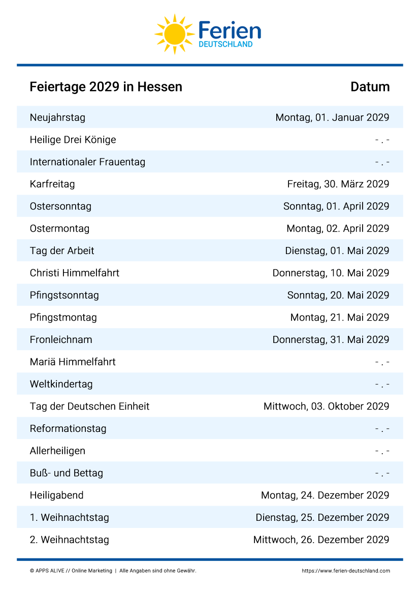  Foto zu Feiertage Hessen 2024, 2025, 2026, 2027, 2028, 2029: Alle Termine im 