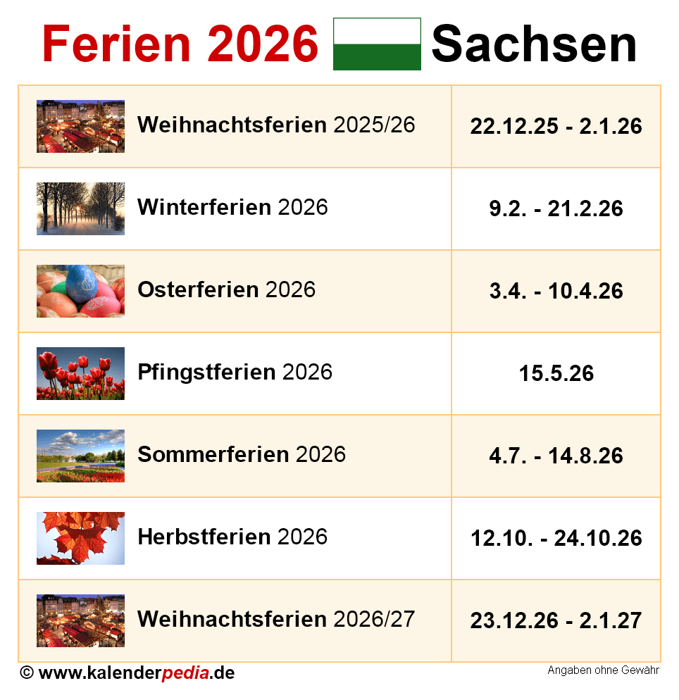 Ferien Sachsen 2026 - Übersicht der Ferientermine Motiv 