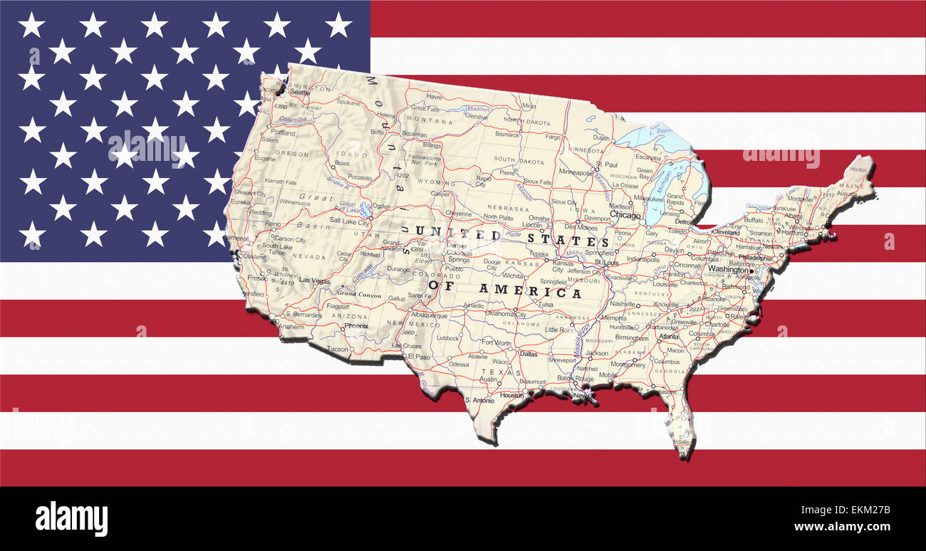  Geographical map of United States of America with the USA flag as 