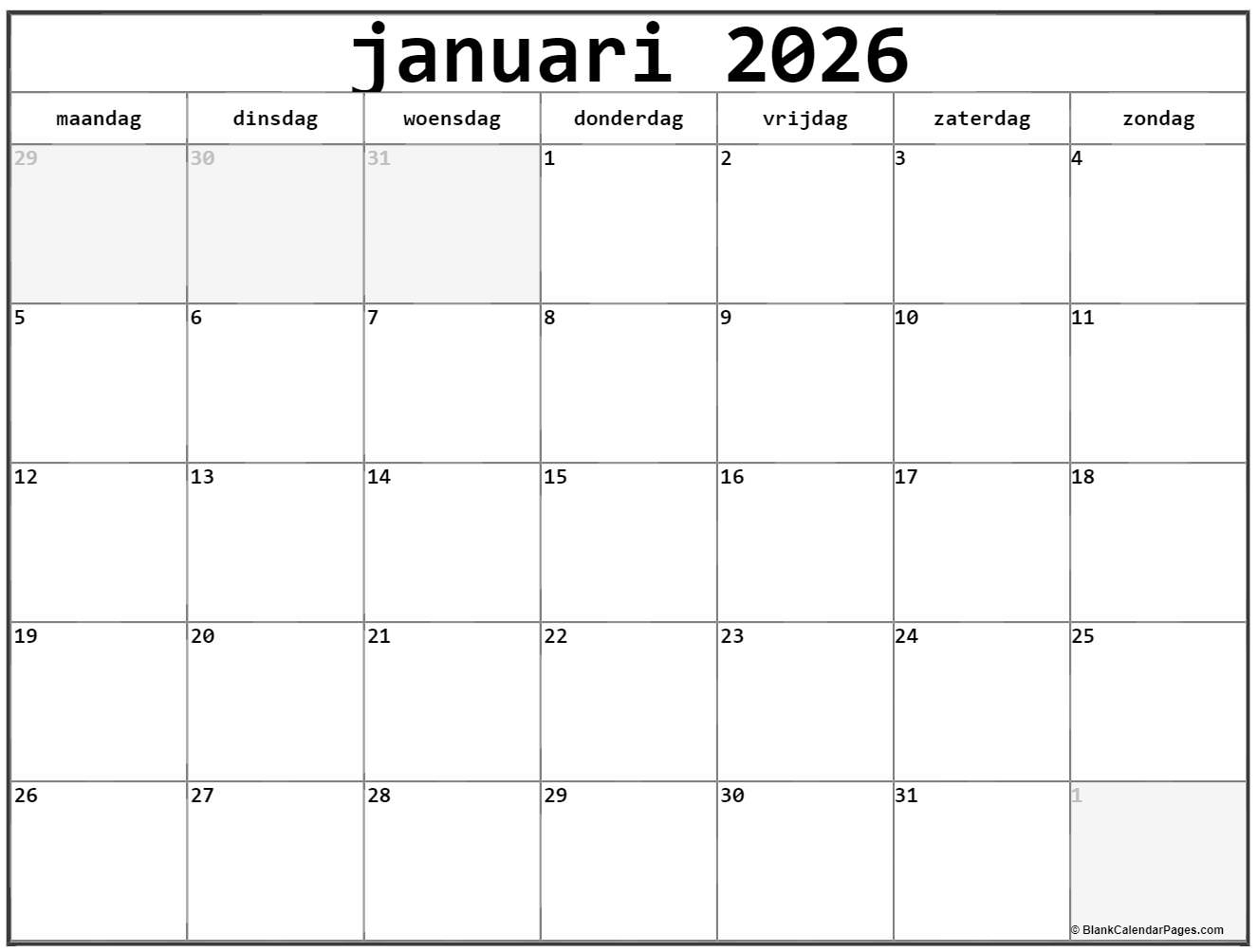  januari 2026 kalender Nederlandse 