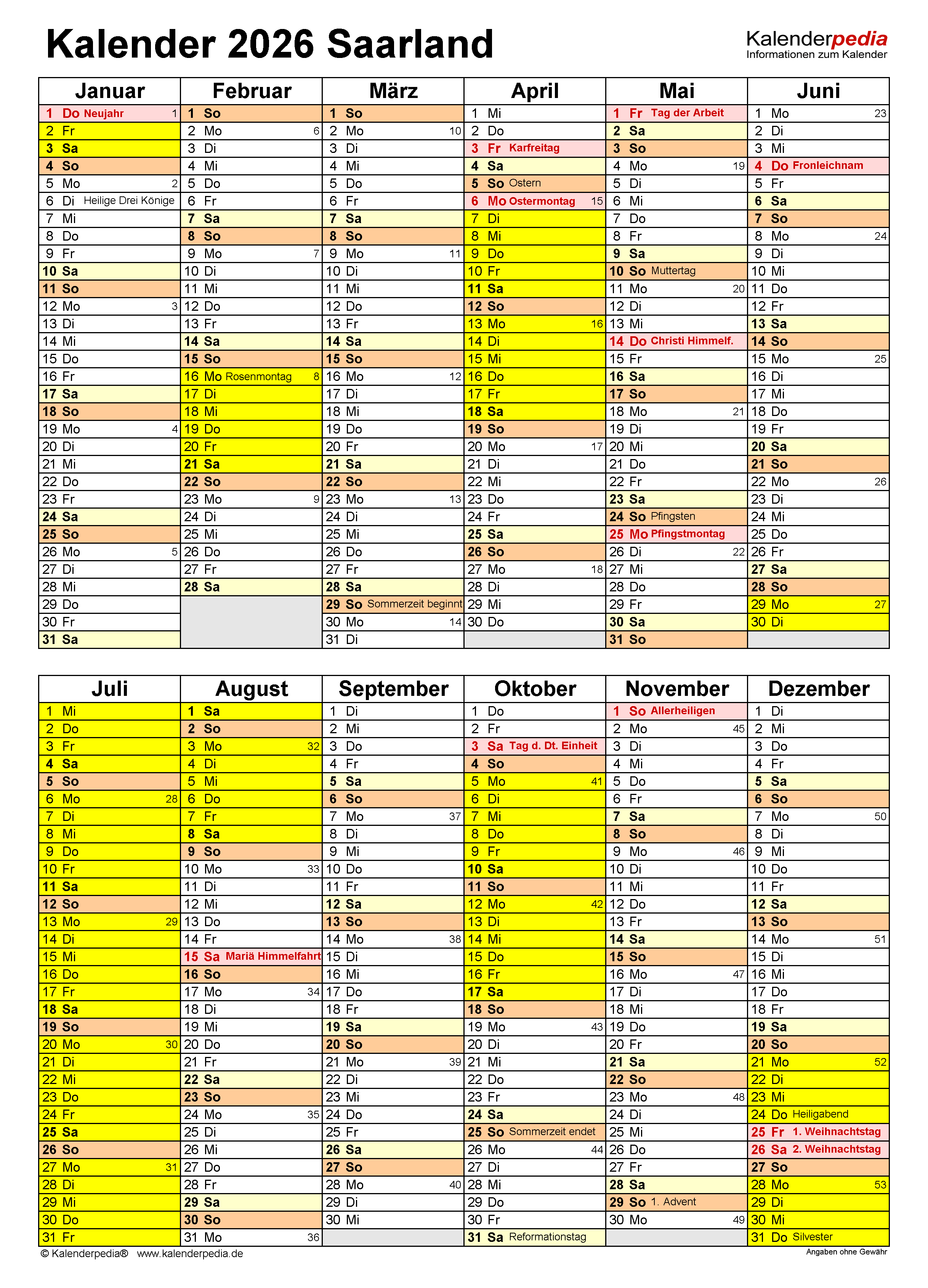  Kalender 2026 Saarland: Ferien, Feiertage, PDF-Vorlagen Illustration 