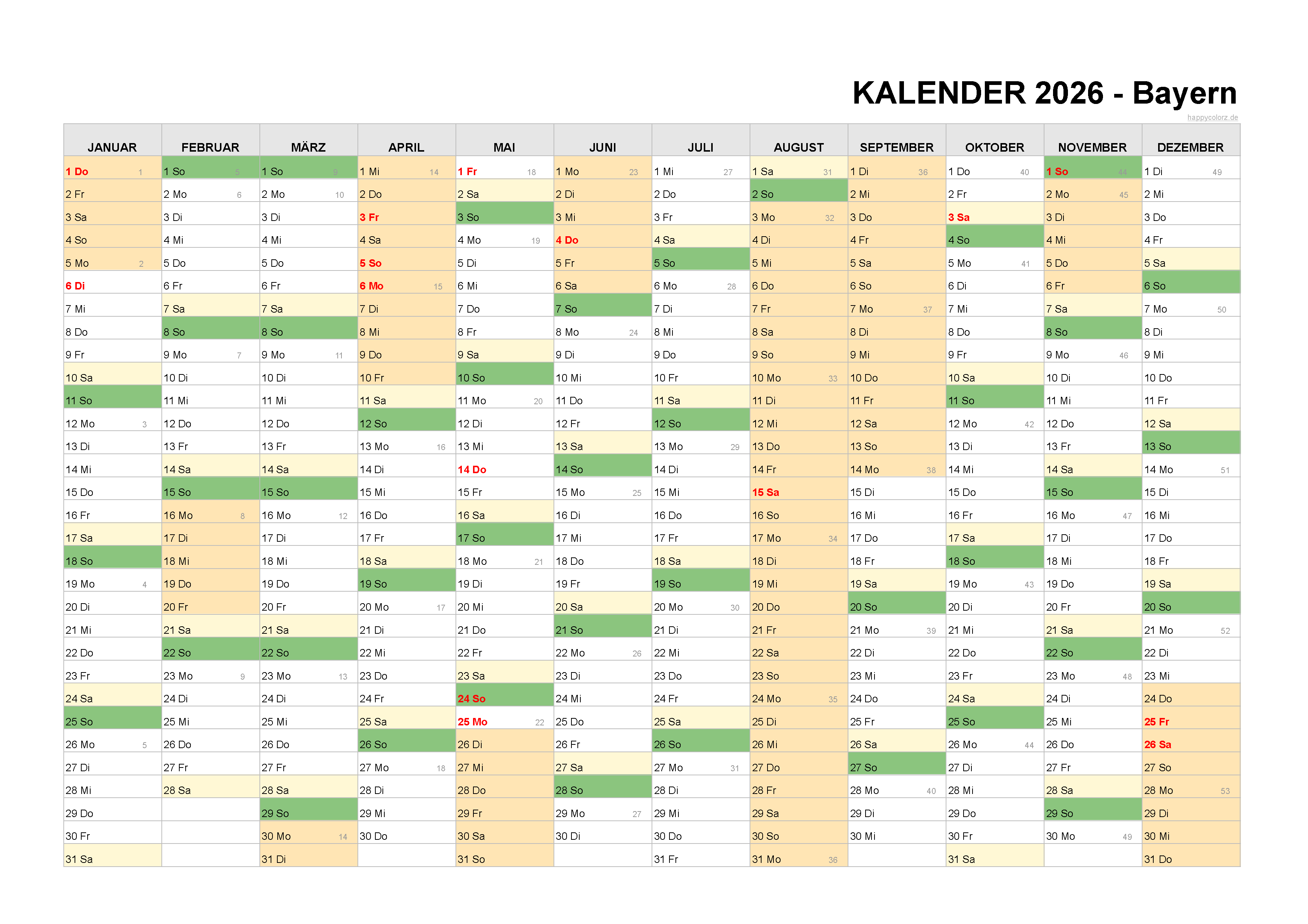 Kalender 2026 Bayern kostenlos: Ferien-Übersicht, Feiertage, PDF Motiv 