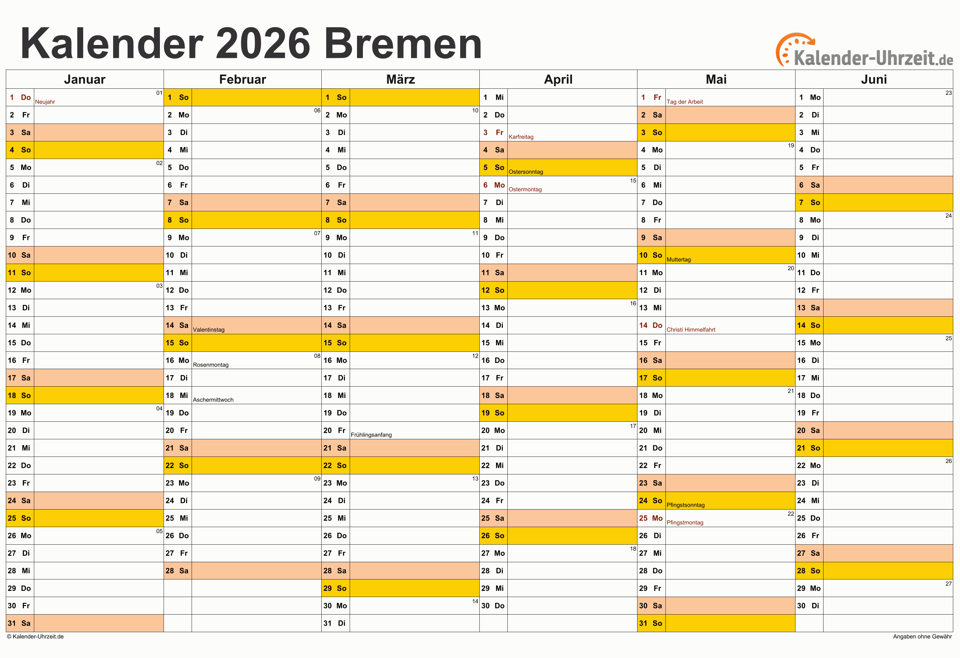  Feiertage 2026 Bremen + Kalender Illustration 