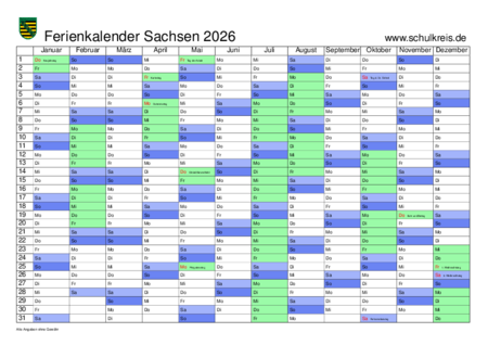  Schulferien-Kalender Sachsen 2026 mit Feiertagen und Ferien Motiv 