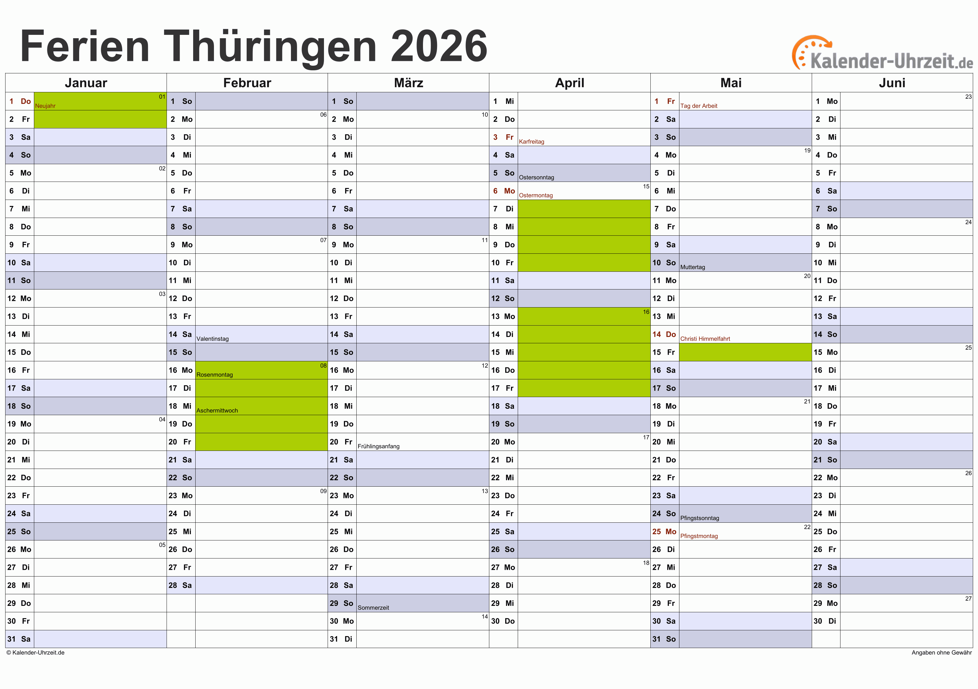  Ferien Thüringen 2026 - Ferienkalender zum Ausdrucken 