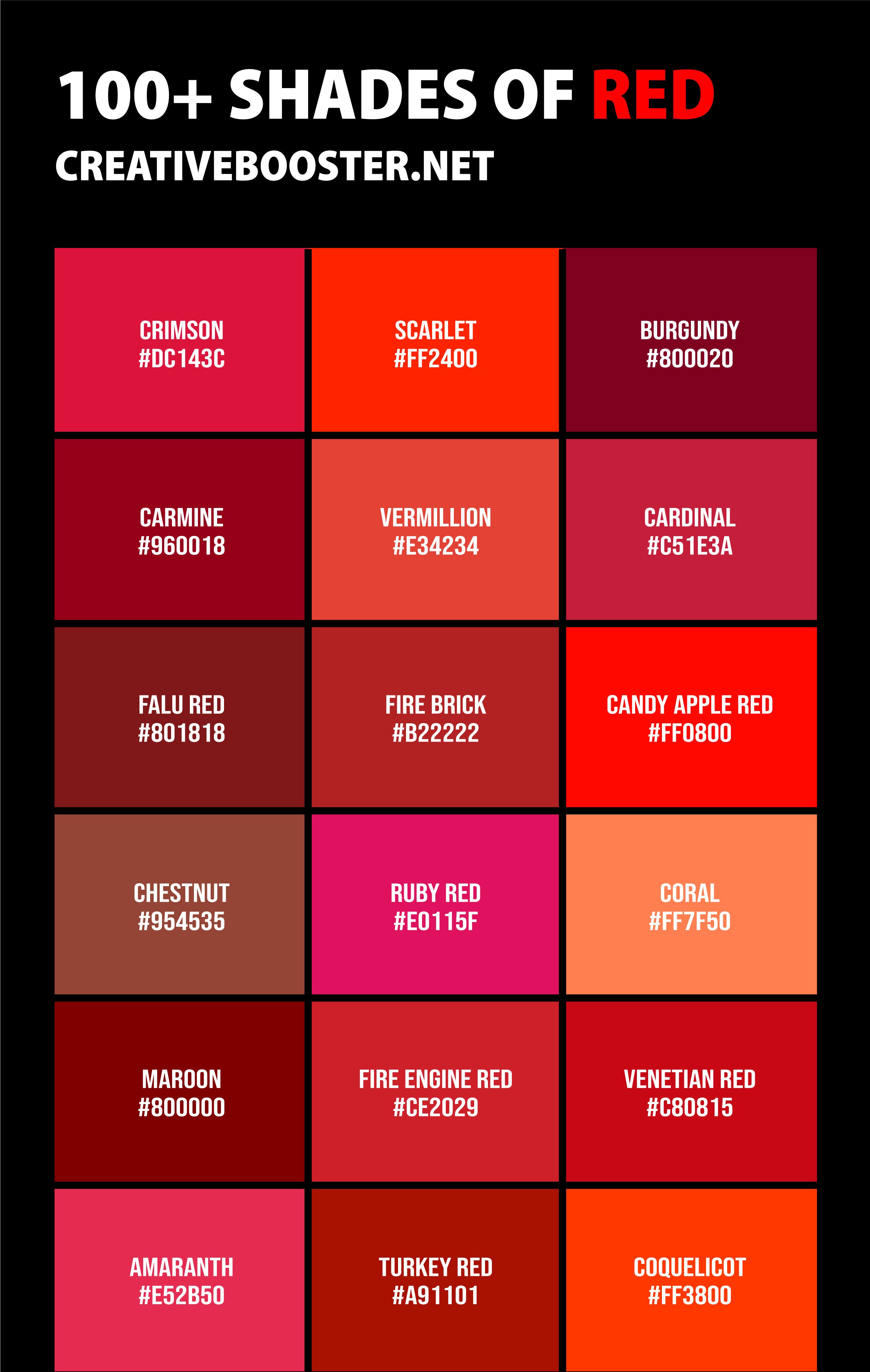 100+ Shades of Red Color (Names, HEX, RGB, & CMYK Codes) – CreativeBooster