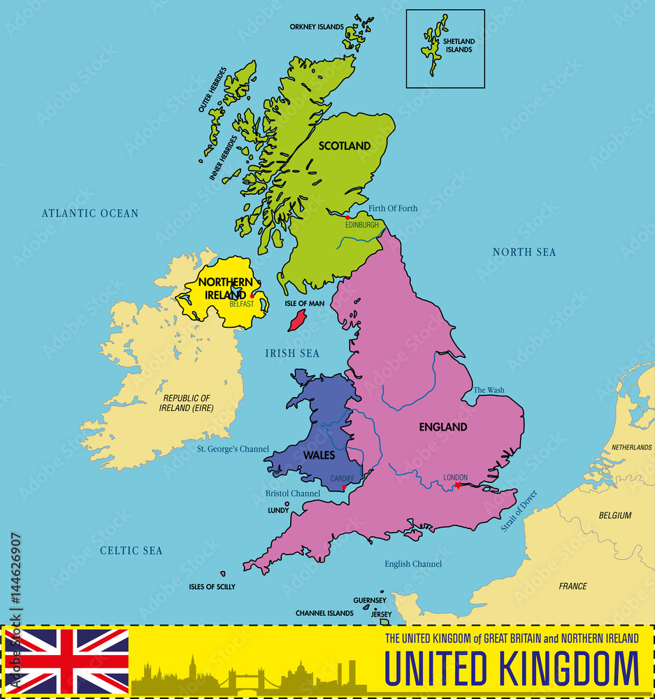  Political map of United Kingdom with regions and their capitals Stock Illustration 