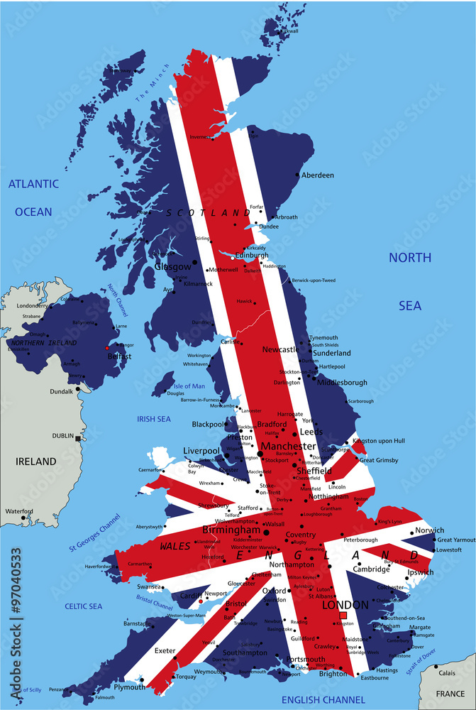  Foto zu United Kingdom highly detailed political map with national flag. Stock 