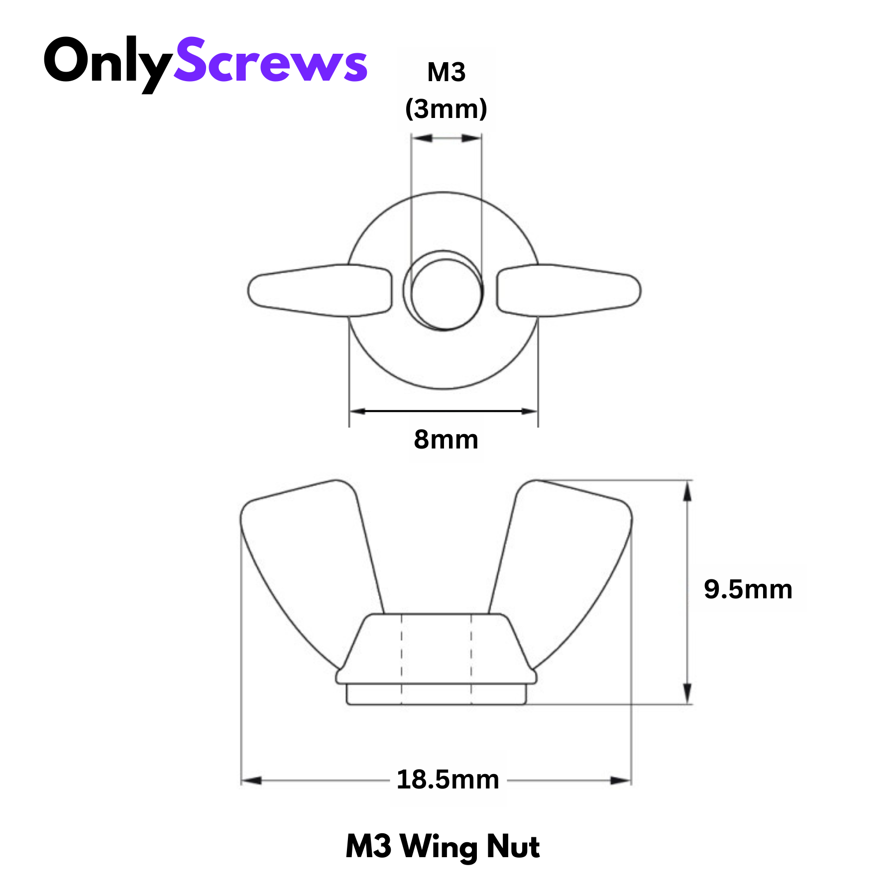  M3 Wing Nut SS304 (Dia. 3mm, Length 18.5mm) – OnlyScrews Motiv 